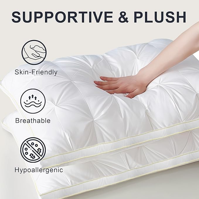 Support Bed Pillow Queen Size Set of 1 – Super Soft Down-Alternative Filling with Cotton Cover, Hotel Quality for Side Sleepers, Breathable & Oeko-TEX Certified