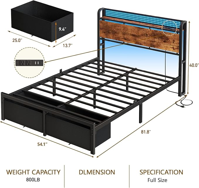 Furnulem Full Size Bed Frame with Headboard Storage, Platform Bed Frame Full Size with 2 Drawers, Charging Station and LED Lights, No Box Spring Needed, Noise Free, Easy Assembly (800 lbs Capacity)