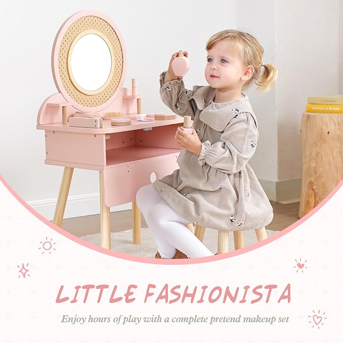 OOOK Kids Vanity Table and Chair Set, Pink Girls Vanity Set with 11 Pcs Accessories, Enough for Real and Pretend Makeup, Toddler Vanity for 3-5 Year Old and Up as Ideal Gift