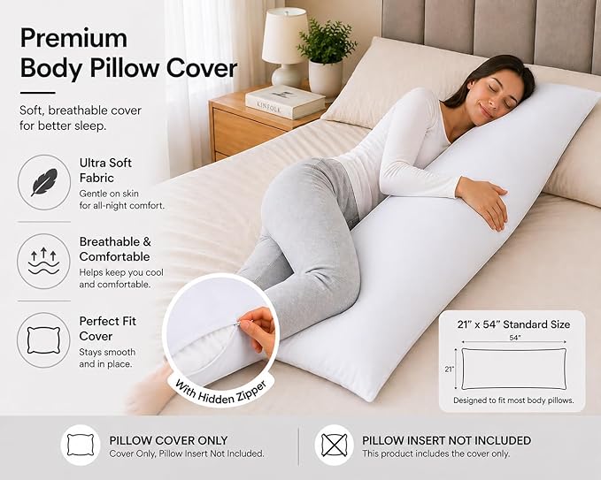 Evolive Ultra Soft Microfiber Body Pillow Cover/Pillowcases 21"x54" with Hidden Zipper Closure (21"x54" Body Pillow Cover, White)