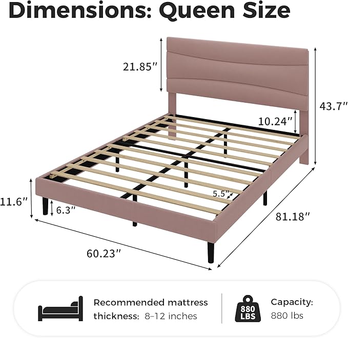 GarveeHome Queen Modern Upholstered Bed Frame with Soft Padded Headboard,Sturdy Metal Steel Slat Support, Noise-Free Quiet Design,Easy Assembly,Heavy Duty Stable Bed Frame(Pink)