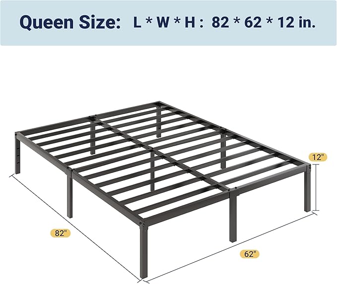 Allewie Queen Bed Frame, 12 Inch Metal Platform Beds with Storage Space, No Box Spring Required and Easy Assembly, Black