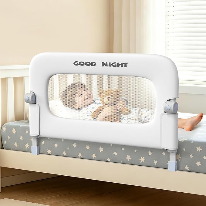Bed Guard Rail for Toddlers - 32" Adjustable Heights & Folding up Portable Bed Railing for Baby - Toddler Bed Rails Guard for Crib, Twin, Bunk,Full Size, Queen & King Bed(White)