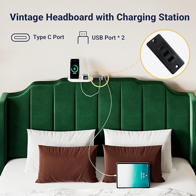 Allewie Vintage Full Size Velvet Platform Bed Frame with Curved Vertical Tufted Wingback Headboard and Footboard, Charging Station, Easy Assembly, Under Bed Storage, No Box Spring Required, Green