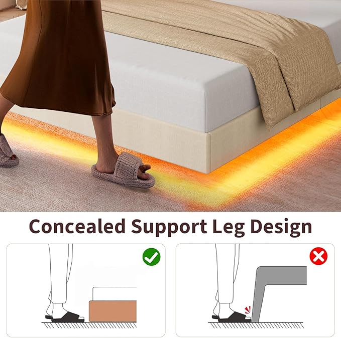 Garvee Full Size Floating Bed Frame with RGB LED Lights and Charging Station, Upholstered Platform Bed with Storage Headboard and Button Tufted Design, No Box Spring Needed, Beige