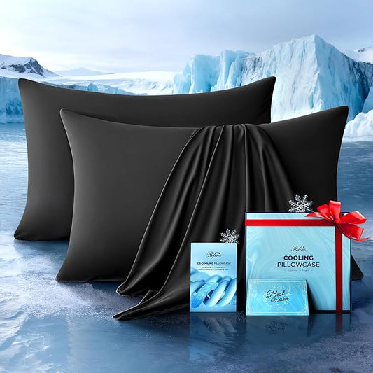 Ultra-Chill Cooling Pillowcase Set of 2 for Hot Sleepers, Softer Than Silk Pillow Cases for Protecting Hair & Skin, Breathable Bed Pillow Covers w/Zipper, Gifts for Women Men (Black, King)