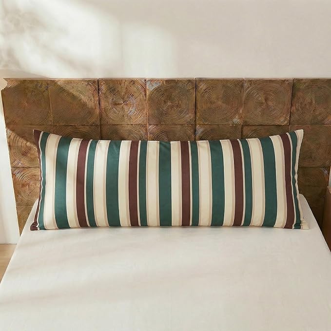 Merryword Body Pillowcases, 100% Cotton Body Pillow Cover, Green Striped Pillowcases, Luxury Linen Like Pillowcase, Soft Breathable Cabana Stripes Pillow Cover