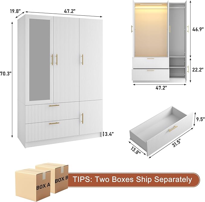 Squireewo Fluted Style 3 Doors Wardrobe Closet Armoire with Mirrors and LED Lights, 70.3" H Modern Wooden Bedroom Armoires with 2 Drawers, Large Capacity Freestanding Armoire, White