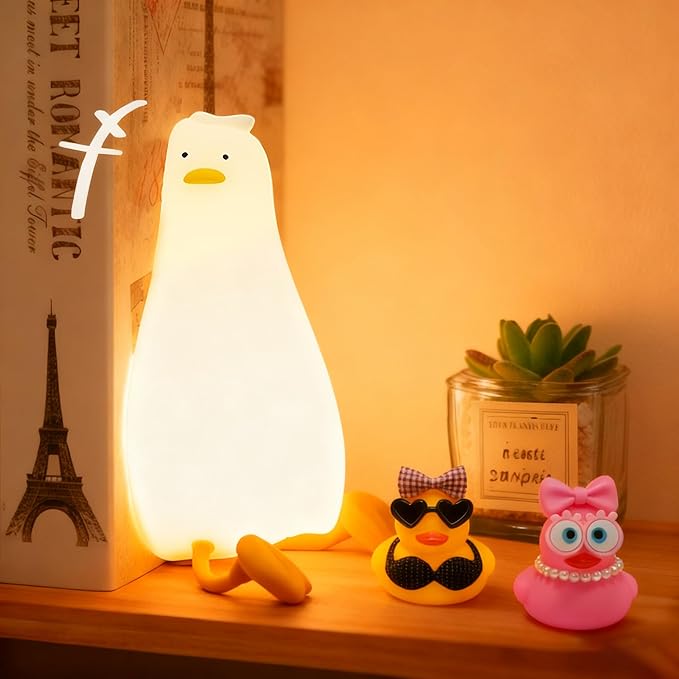 FAMIDUO Lying Flat Duck Night Light, Silicone Dimmable Rechargeable Nursery Night Light, Touch LED Lamp with Rubber Duck Blind Box, BPA-Free Squishy Baby Bedside Light for Breastfeeding,Kids,Toddler