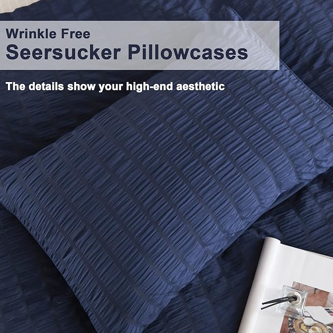 AveLom Seersucker Duvet Cover Set Queen Size (90 x 90 inches), 3 Pieces (1 Duvet Cover + 2 Pillow Cases), Navy Blue Ultra Soft Washed Microfiber, Textured Duvet Cover with Zipper Closure, Corner Ties
