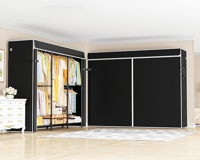 ULIFHOME E14C Pro Heavy Duty Closet Organizer System，Freestanding Clothing Racks for Hanging Clothes，Adjustable Garment Rack 70.1"W × 16.6"D × 76.4"H Hold 960 lbs，Black Rack with Black Dustproof Cover