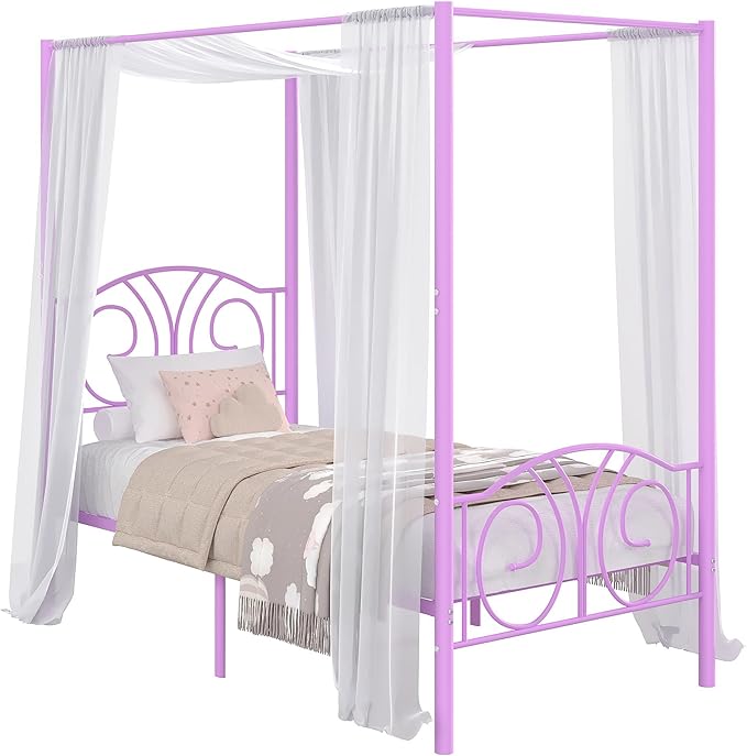 VECELO Metal Canopy Bed Frame Twin Size, 4 Posters Platform Mattress Foundation with Headboard, Heavy Duty Steel Slats Support, No Box Spring Needed, Purple