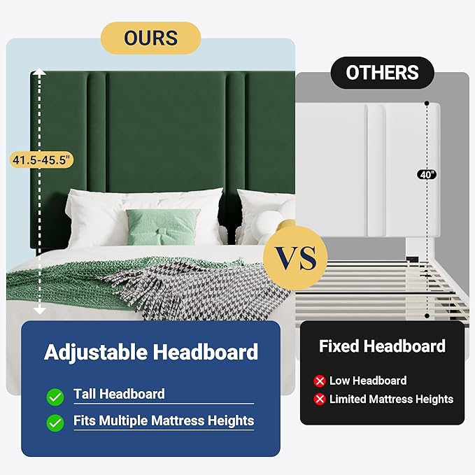 Allewie King Size Platform Bed Frame with Adjustable Headboard, Plush Velvet Upholstered, Vertical Channel Tufted, Sturdy Wooden Slats, No Box Spring Needed, Easy Assembly, Green