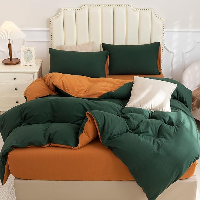 PURE ERA Jersey Knit Duvet Cover Set 100% T-Shirt Cotton Super Soft Comfy 3pc Bedding Set with Zipper Closure (Solid Forest Green/Burnt Orange, King)