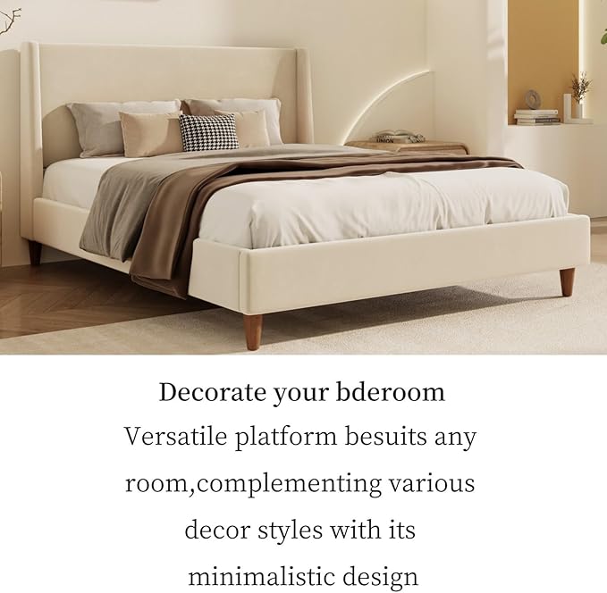 Merax Solid Wood King Size Velvet Bed Frame with Wingback Headboard, Modern Upholstered Platform with Walnut Wooden Legs, Strong Wooden Slats, No Box Spring Needed, Beige