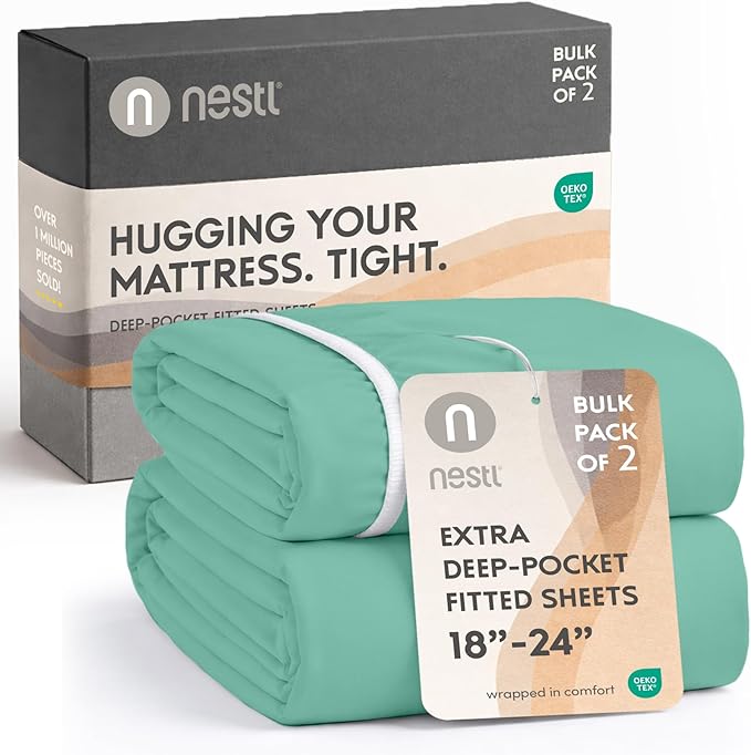 Nestl 2 Pack Mint Fitted Sheet Extra Deep Pocket, Hotel Luxury FullFitted Sheet Only Easily Fits 18 to 24 Inch Mattress, Super Soft, Wrinkle-Free and Breathable with Corner Straps