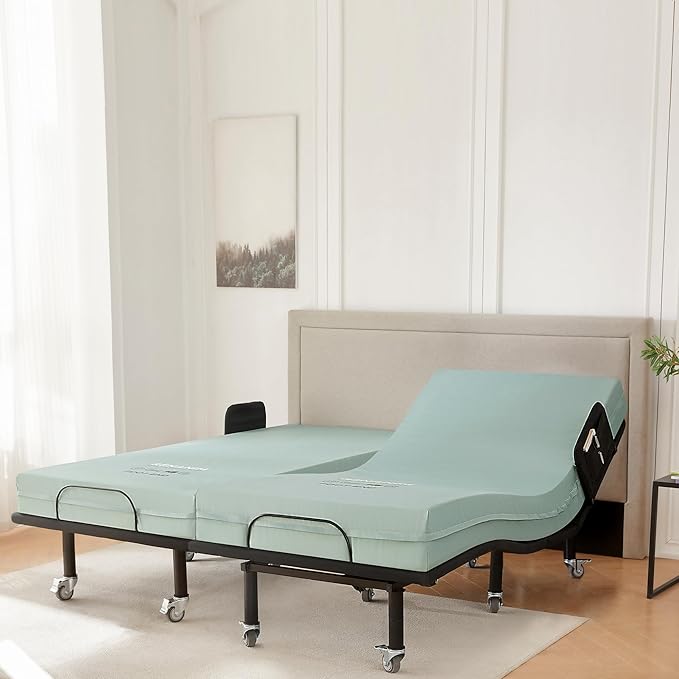 Split King Adjustable Bed Frame with Bed Rails for Elderly Adults - Adjustable Bed with Mattress - 8" Convoluted Mattress, Wireless Remote, Under-Bed Light, Brake Wheel Legs Zero Gravity Electric Bed