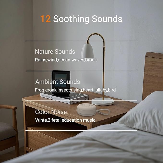 Portable Baby Sound Machine [White Noise for Babies Kids Adults][Supports Bluetooth Audio Playback][Timer Function][12 Soothing Sounds] 15 Hours Battery Life, Travel,Shower,Clips on Baby Stroller