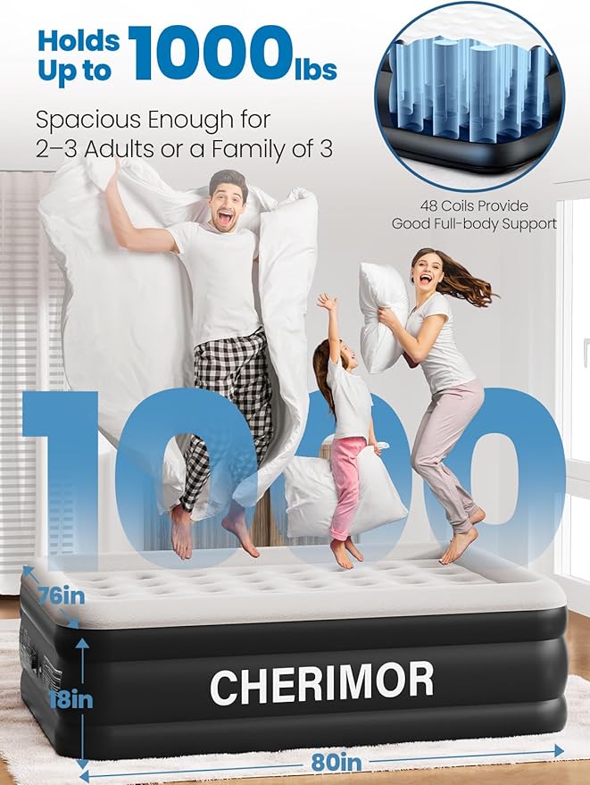 King Size Air Mattress with Built-in Pump, 18" Raised Comfort, 48Hr Leak-Proof Test, Upgraded Honeycomb Pillar Design, Blow Up Mattress Supports 1000 lbs, 3-Min Inflation for Home Guest Room Camping