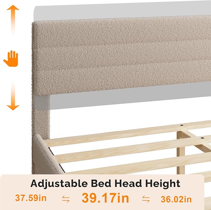VINGLI Twin Bed Frame for Kids,Boucle Upholstered Platform Bed with Adjustable Headboard,Sturdy Wood Slats Support,Cloud Single Bed with Cream Design,Noise Free, Easy Assembly, Beige