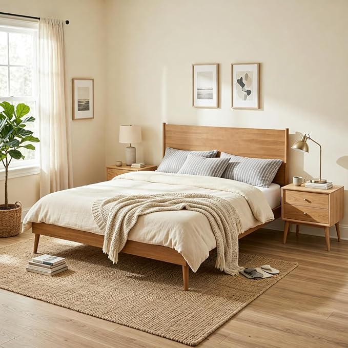 Merax California King Size Solid Wood Platform Bed, Mid-Century Modern Bed Frame with Splayed Legs, 600 lbs Weight Capacity, No Box Spring Needed, Natural
