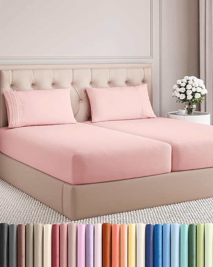 Split King Size 5 Piece Sheet Set - Comfy Breathable & Cooling Sheets - Hotel Luxury Bed Sheets for Women & Men - Deep Pockets, Easy-Fit, Soft & Wrinkle Free Sheets - Baby Pink Oeko-Tex Bed Sheet Set