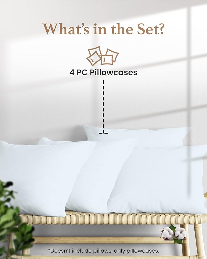 1000 TC Light Blue King Pillowcases Set of 4 100% Egyptian Cotton Pillow Cases with Long Staple Cotton & Sateen Weave, Silky Soft Hotel - Like Bed Pillow Covers for Comfy Sleeping, Snug Fit