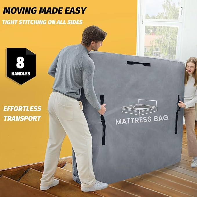 Mattress Bags for Moving and Storage, BETU Full Size Waterproof Mattress Protector Mattress Cover with 8 Heavy Duty Handles and Zipper Extra Thick Moving Supplies for Bed Reusable (77x57x13.5 Grey)