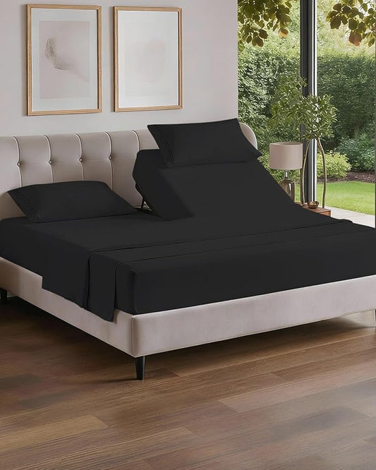 Flex Top Split Head King 4 Piece Sheet Set - Ultra-Soft, Breathable & Cooling Bed Sheets Set - Hotel Luxury Bedding for Women & Men with Deep Pockets - Wrinkle Free & Fade Resistant - Oeko-Tex - Black