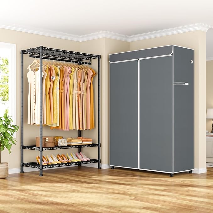 ULIFHOME H5C Plus Clothes Rack with Cover, Portable Closet for Hanging Clothes, Covered Clothing Racks Heavy Duty, Garment Racks with Shelves, Max Load 370LBS, Black Closet Rack with Gray Cover