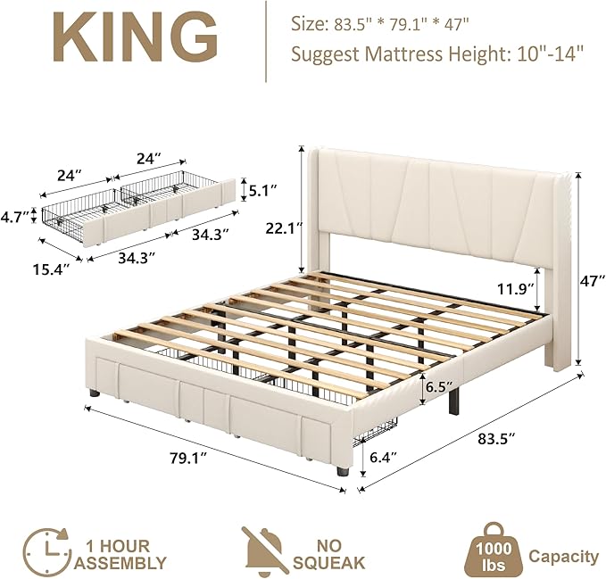 King Bed Frame with Storage Drawers, Velvet Upholstered Platform Bed with 47" Tall Headboard and Wingboard, No Box Spring Needed, NO Noise, Easy Assembly, Wooden Support Slats, Beige