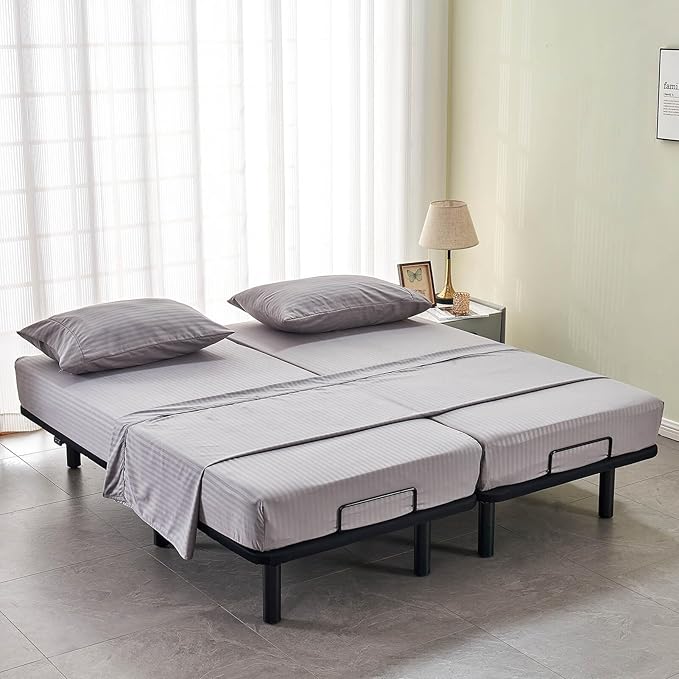 Kingnex Striped Split California King Sheets Sets for Adjustable Bed with Deep Pocket 5 Pieces Include 2 Cali Twin XL Fitted Sheets 1 Flat Sheet 2 King Size Pillowcases Grey