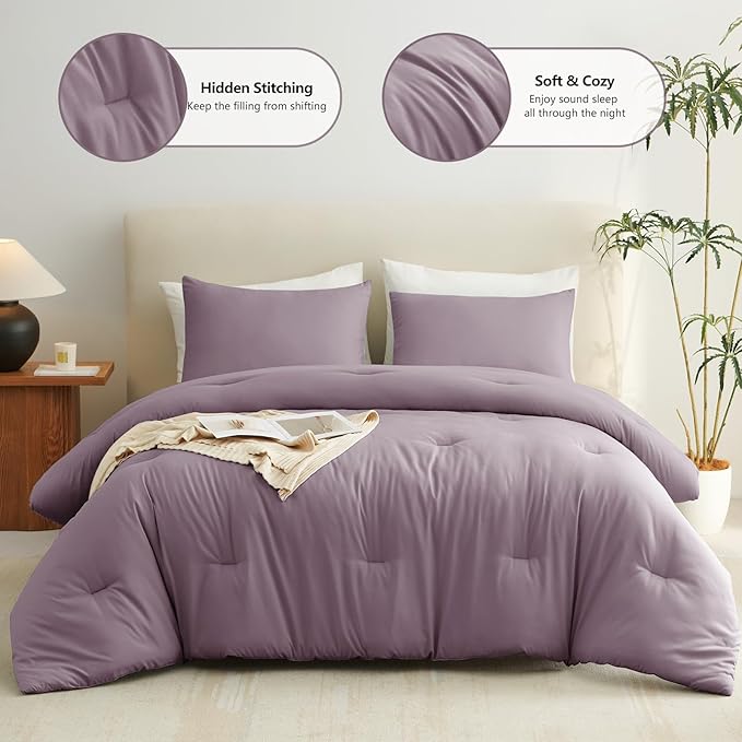 CozyLux Twin Comforter Set Dusty Purple, 2 Pieces Twin Extra Long Solid Breathable Bedding Sets College Dorm, Twin XL Grayish Purple Luxury Bed Set with Down Alternative Comforter and 1 Pillowcase