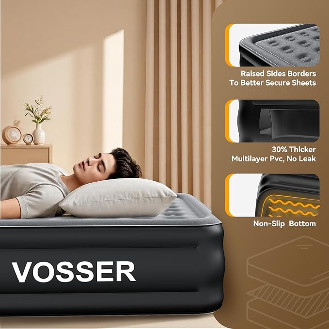 VOSSER King Size Air Mattress with Built in Pump Raised,18’’King Air Mattress,Blow Up Mattress in 3 Mins,Self Inflatable Mattress for Home,Floor&Travel,Portable Air Bed for Adults,750LB Max,Black