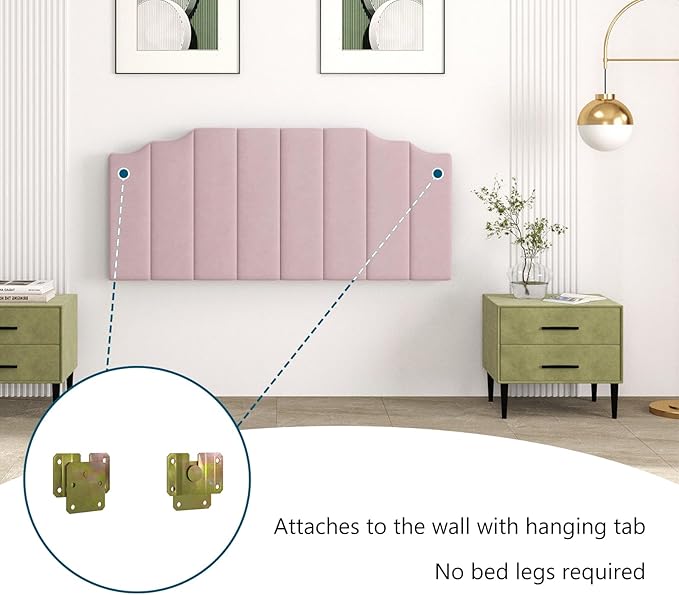 Befurtori Queen Size Headboard Only, Velvet Wall Mounted Headboard Queen/Full Size for Adjustable Bed, Modern Vertical Channel Design with Curved Tufted Upholstered Head Board, Pink