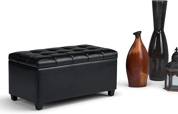 SIMPLIHOME Sienna Storage Ottoman Bench - 33 inch Wide Upholstered Vegan Leather Rectangle Storage Ottoman Bench in Satin Cream, Transitional Tufted Ottoman for Living Room or Entryway with Lift Top
