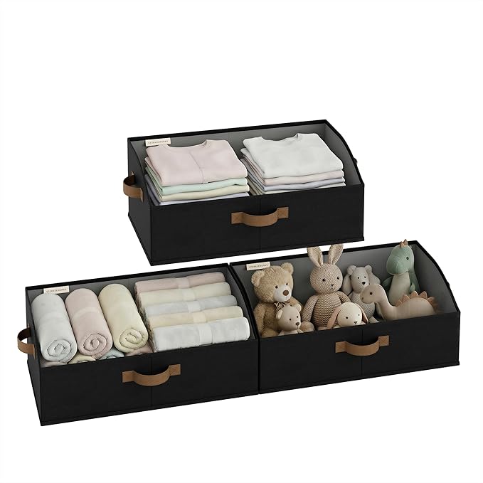 StorageWorks Closet Storage Bins, Trapezoid Organizer Box for Shelves, Fabric Clothes Bin, Foldable Organizing Baskets with Handles, Large, Black, 3-Pack
