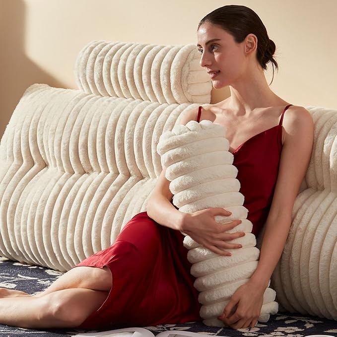 Rycwola Faux Fur Headboard Pillow with 2 Pack Neck Roll Pillow Large Headboard Pillow Soft and Supportive with Removable Cover (Beige, King)
