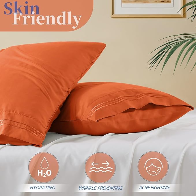 Vonty 2 Pack Standard Pillow Cases - 20x26 Inch, 1800 Thread Count Microfiber Pillowcases Standard Size Burnt Orange Pillow Cases Luxury & Soft Embroidered Bed Pillow Covers with Envelope Closure