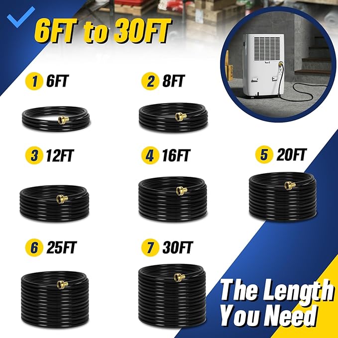 16FT Dehumidifier Drain Hose with 3/4 Inch FHT Connector, featuring Rust-Resistant Brass Fittings for Leak-Proof Connection, Perfectly Compatible with Most Dehumidifier Brands（7 Length Options）