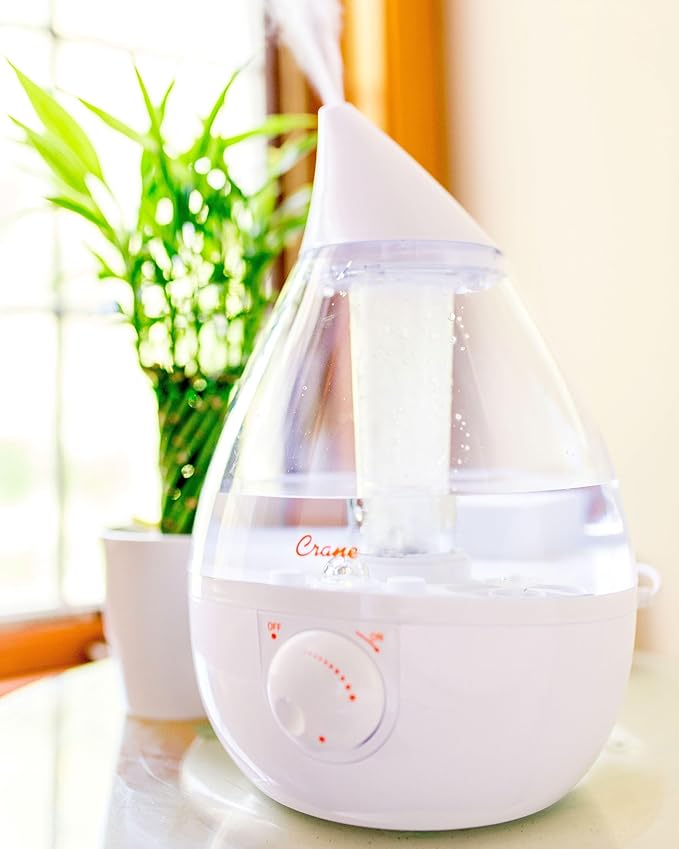 Crane Ultrasonic Cool Mist Humidifier for Bedroom, Baby Nursery, Kids Room, Plants, or Office, Large 1 Gallon Tank, Filter Optional, Clear and White