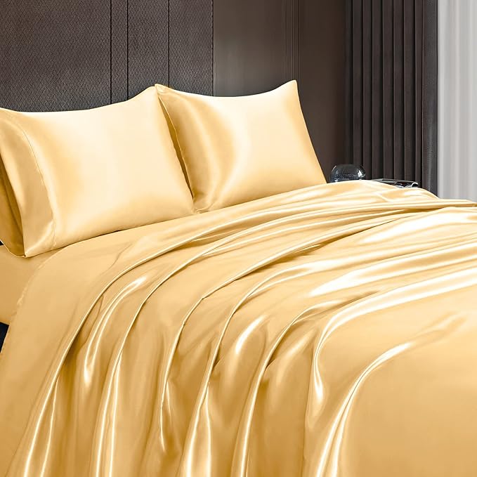 Homiest 4pcs Satin Sheets Set Luxury Silky Satin Bedding Set with Deep Pocket, 1 Fitted Sheet + 1 Flat Sheet + 2 Pillowcases (King Size, Gold)