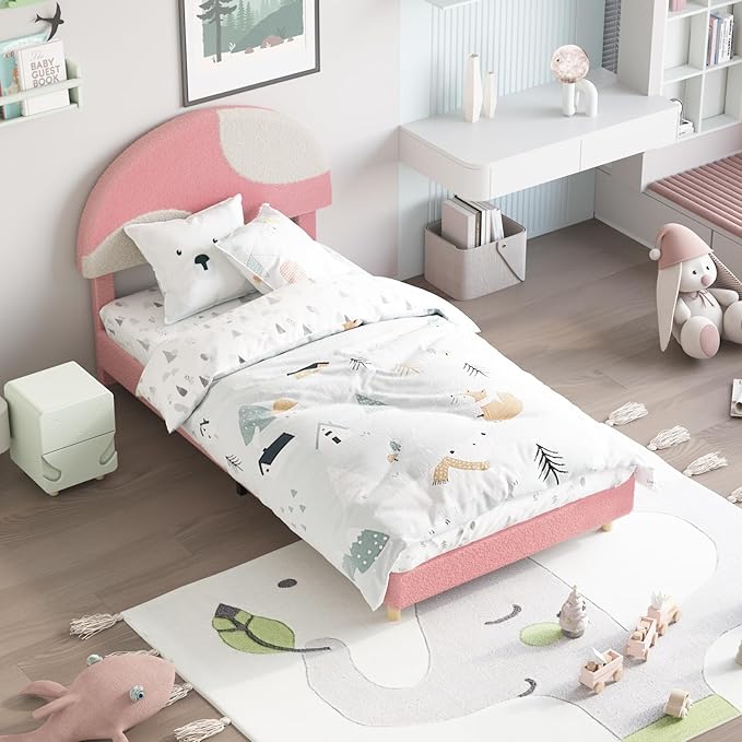 Garvee Twin Bed Frame with Round Boucle Headboard, Upholstered Arch-Shaped Design in Soft Pink & White, Modern Kids Wooden Slats Bed, No Box Spring Required & Easy Assembly
