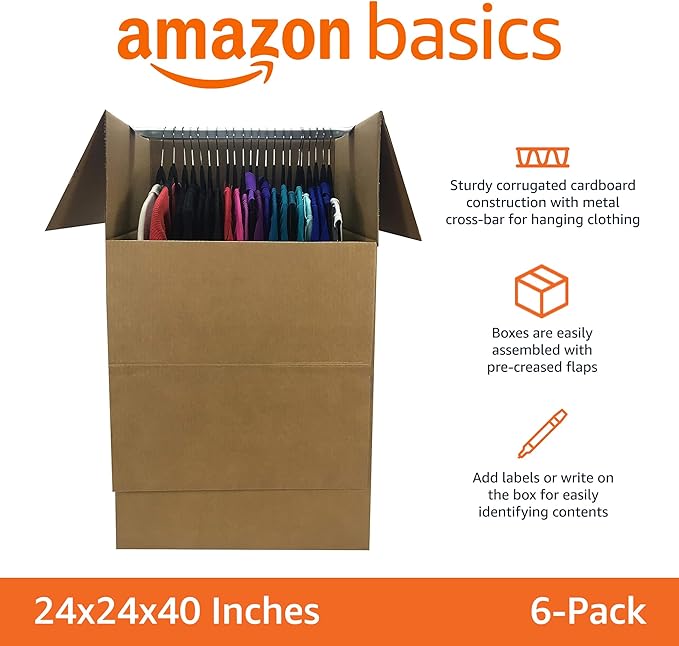 Amazon Basics Strong Cardboard Wardrobe Moving Boxes with Hanging Bar, Handles for Packing Clothes, 24" x 24" x 40", Brown, 6-Pack