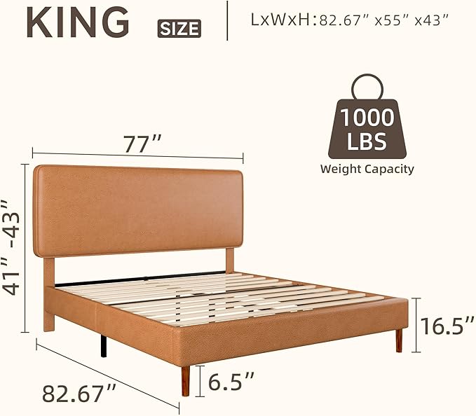 King Size Leather Platform Bed Frame with Adjustable Upholstered Headboard, Solid Wooden Legs, No Box Spring Needed, Easy Assembly, Noise Free, Orange-Brown