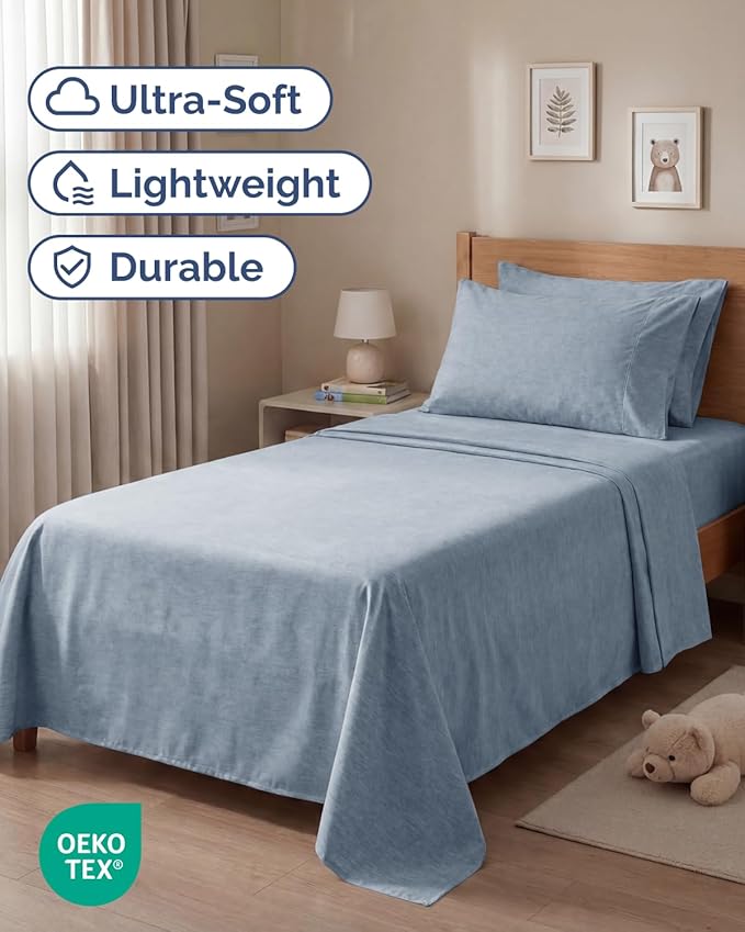 Twin 4 Piece Sheet Set - Comfy, Breathable & Cooling - Soft Hotel Luxury Bedding for Women, Men, Kids, Teens and Children - 1 Flat & 1 Fitted Sheet & 2 Pillowcases with Deep Pockets - Heathered Blue