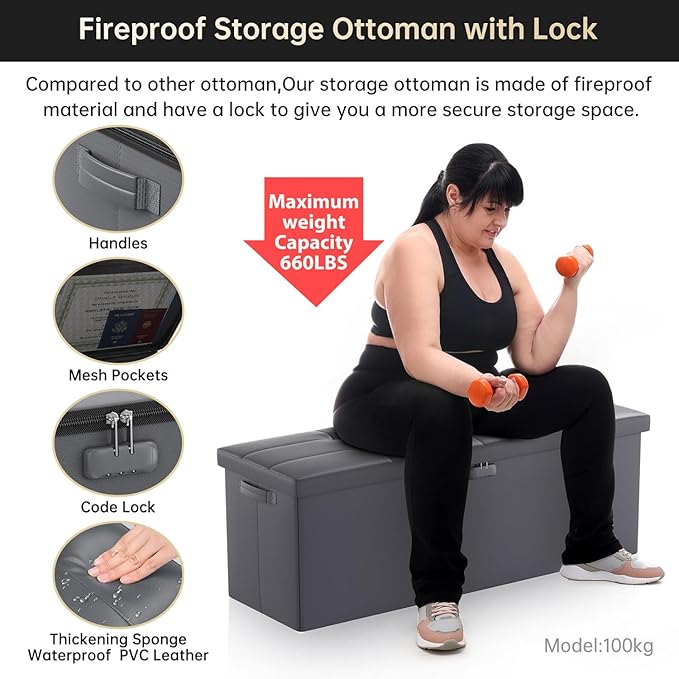 DocSafe Storage Ottoman Bench, Fireproof＆Waterproof Folding Bench with Lock(15”x 43”x15”), Leather Storage Chest with Handles＆2 Extra Boxes, Ottoman Safe for Bedroom,Living Room,Home Office, Gray