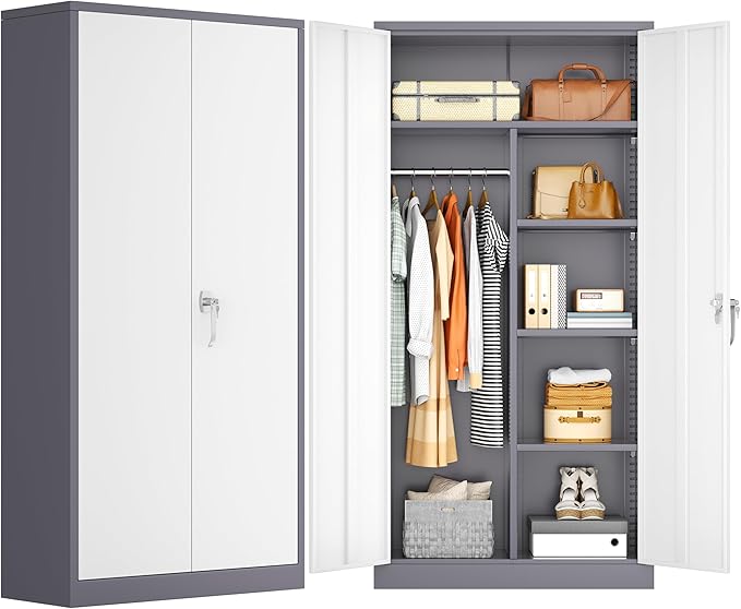 INTERGREAT Wardrobe Cabinets with Locking Doors and Shelves, Clothing Locker 72“ X 36“ X 18“ Storage Cabinets for Home Room, School, Employee,Gym (Gray White)
