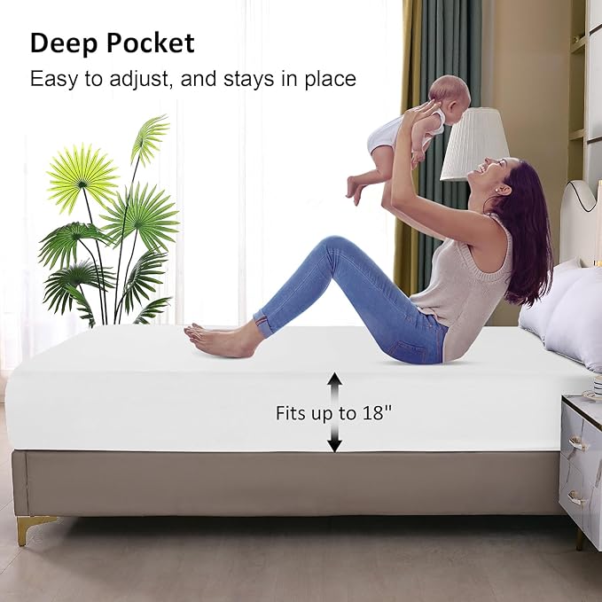 Waterproof Mattress Protector King, Fitted Sheet Style Breathable Mattress Cover with Deep Pocket Fits Up to 18'', Noiseless Bed Cover for Kids Adults Pets, Machine Washable (White, 76'' X 80'')