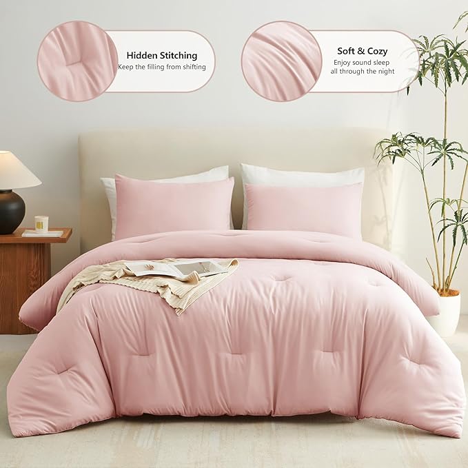CozyLux Twin Comforter Set Blush Pink, 2 Pieces Twin Extra Long Solid Breathable Bedding Sets for College Dorm, Twin XL Luxury Soft Bed Set with Down Alternative Comforter and 1 Pillowcase All Seasons